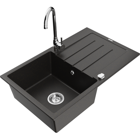Mexen Bruno granite sink 1-bowl with drainer and Telma kitchen tap, black/gold - 6513-75-670200-00