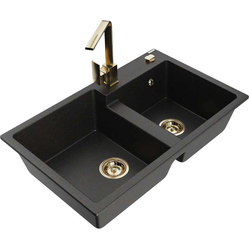 Mexen Tomas fregadero de granito de 2 senos con grifo de cocina Rita, negro/dorado metálico - 6516-75-670300-50