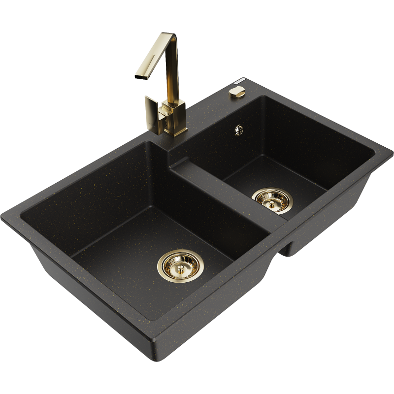 Mexen Tomas granite sink 2-bowl with Rita kitchen tap, black/gold metallic - 6516-75-670300-50