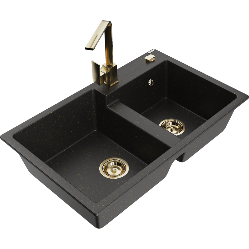 Mexen Tomas granitno pomivalno korito 2-komorno s kuhinjsko pipo Rita, črna/zlata kovinska - 6516-75-670300-50