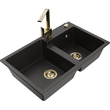 Mexen Tomas granite sink 2-bowl with Rita kitchen tap, black/gold metallic - 6516-75-670300-50