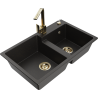 Mexen Tomas granite sink 2-bowl with Rita kitchen tap, black/gold metallic - 6516-75-670300-50