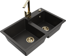 Mexen Tomas fregadero de granito de 2 senos con grifo de cocina Rita, negro/dorado metálico - 6516-75-670300-50