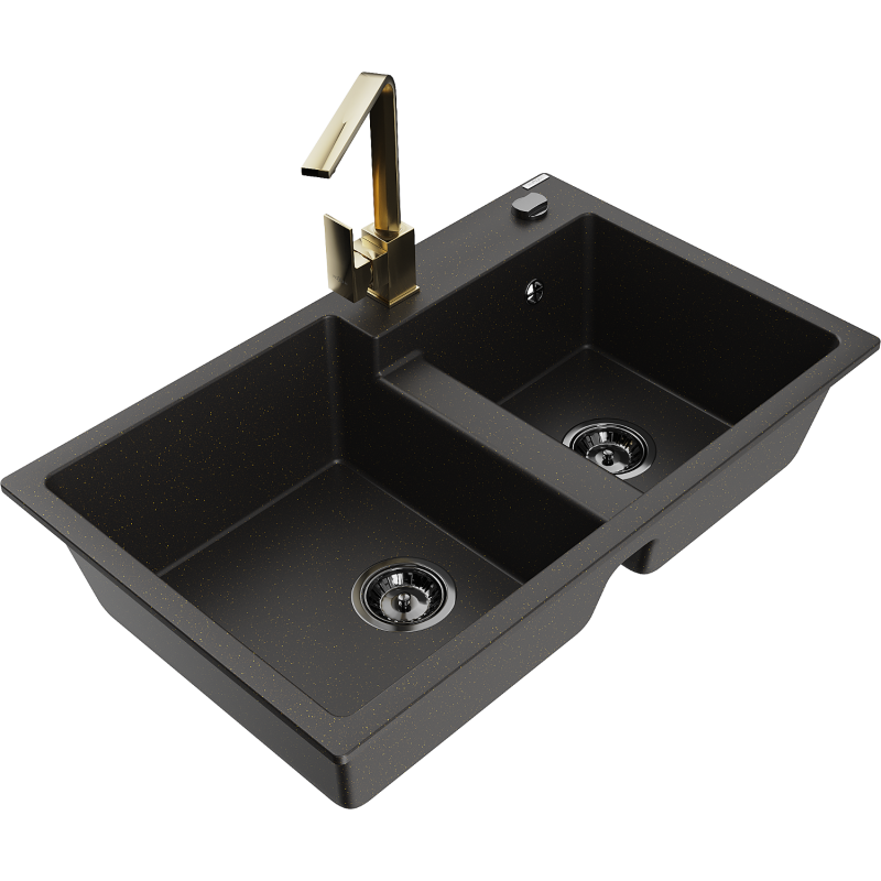 Mexen Tomas granieten gootsteen met 2 kamers en keukenmengkraan Rita, zwart/goud metallic - 6516-75-670300-50-B