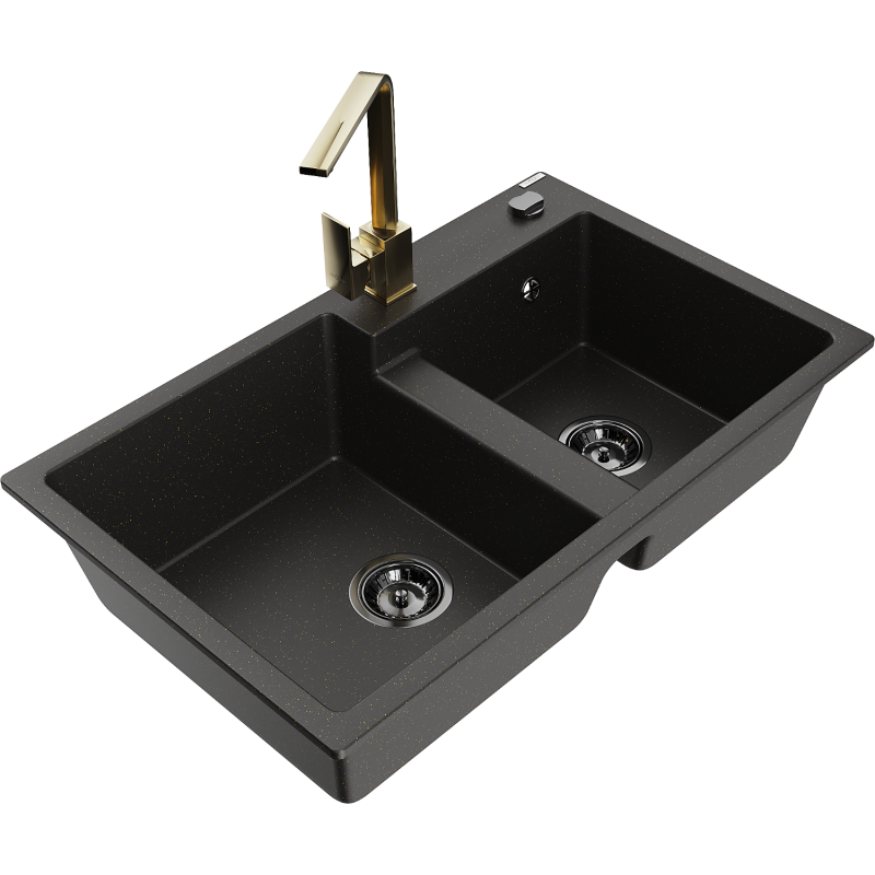 Mexen Tomas Granitspüle 2-Kammer mit Küchenarmatur Rita, Schwarz/Gold Metallic - 6516-75-670300-50-B