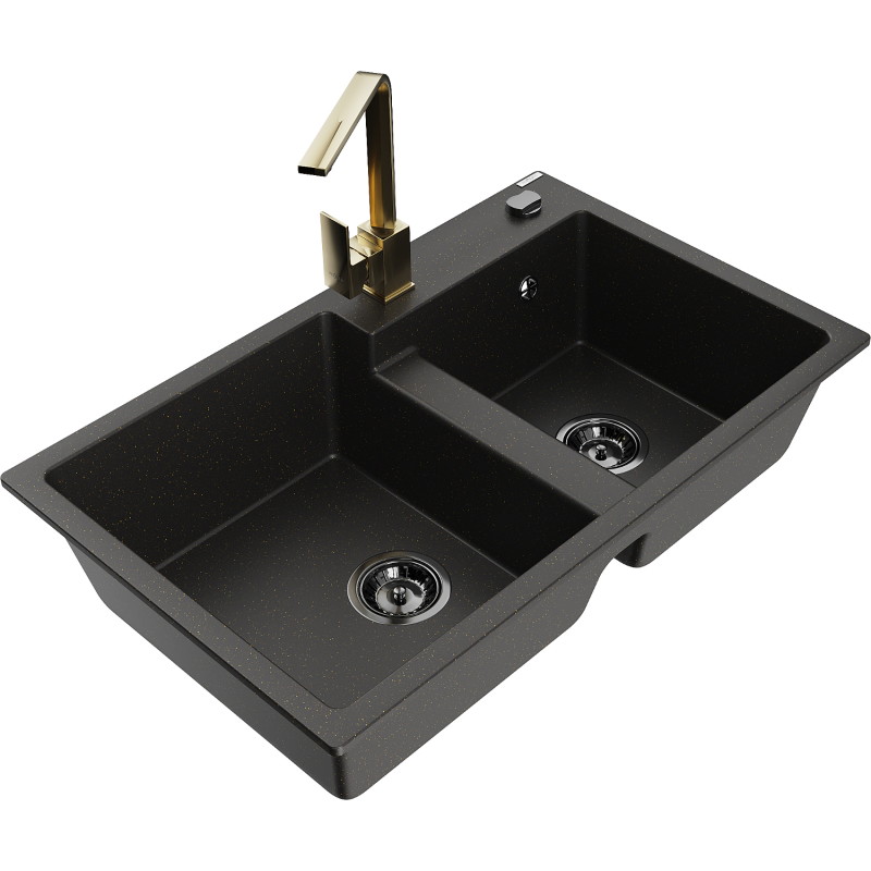 Mexen Tomas Granitspüle mit 2 Becken und Küchenarmatur Rita, schwarz/gold metallic - 6516-75-670300-50-B