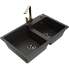 Mexen Tomas granieten gootsteen met 2 kamers en keukenmengkraan Rita, zwart/goud metallic - 6516-75-670300-50-B