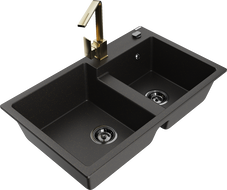 Mexen Tomas granieten gootsteen met 2 kamers en keukenmengkraan Rita, zwart/goud metallic - 6516-75-670300-50-B