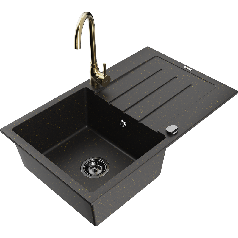 Mexen Bruno fregadero de granito de 1 seno con escurridor y grifo de cocina Telma, negro/oro - 6513-75-670200-50-B