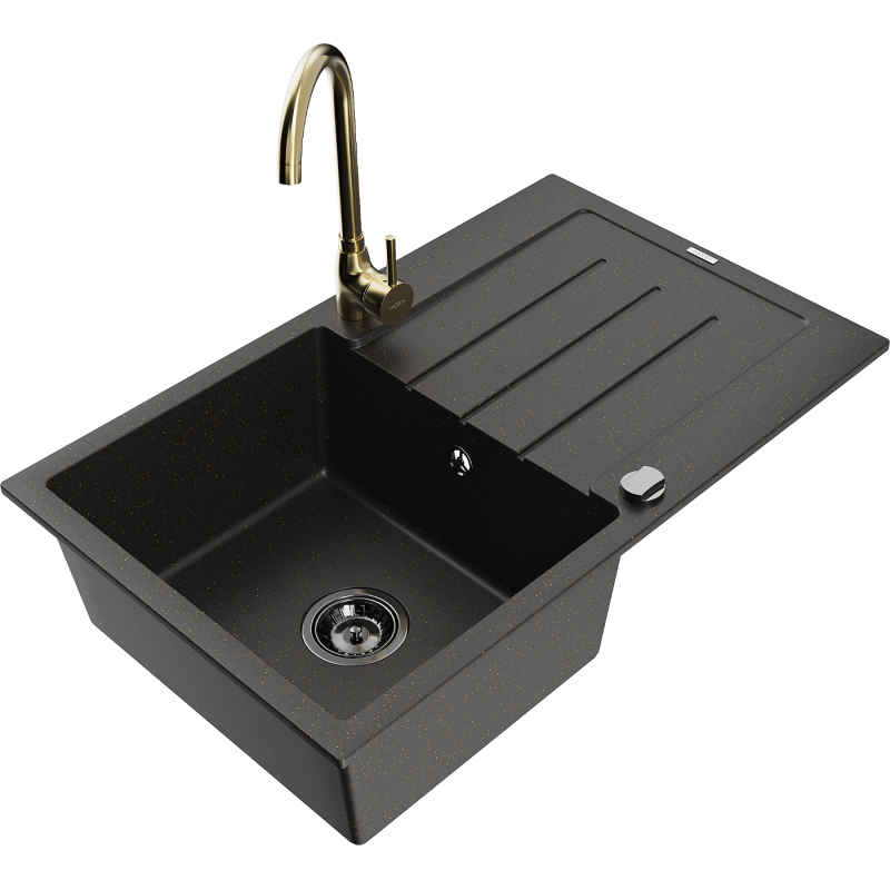 Mexen Bruno granitdiskbänk med 1 ho, avrinningsyta och köksblandare Telma, svart/guld - 6513-75-670200-50-B