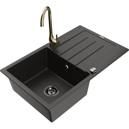 Mexen Bruno granitische spoelbak met 1 bak en afdruiprek met keukenkraan Telma, zwart/goud - 6513-75-670200-50-B