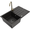 Mexen Bruno Granitspüle 1-Becken mit Abtropffläche und Küchenarmatur Telma, schwarz/gold - 6513-75-670200-50-B