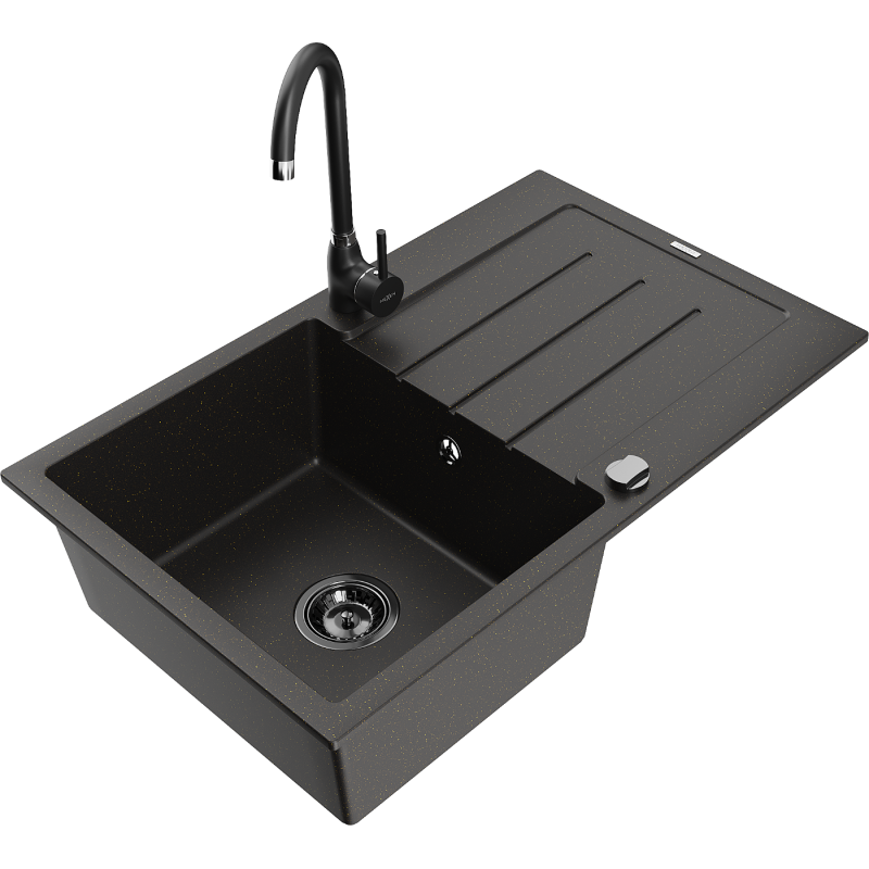 Mexen Bruno 1-Bowl Granite Sink with Drainer and Telma Kitchen Tap, Black/Gold - 6513-75-670200-70-B