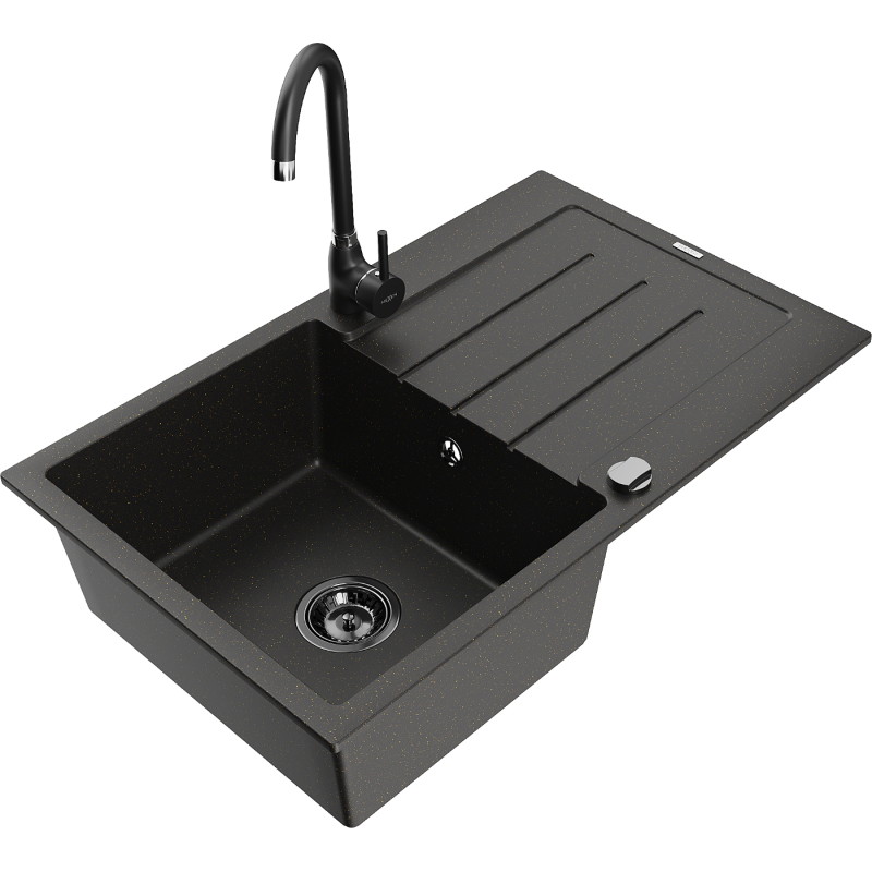Mexen Bruno fregadero de granito de 1 cubeta con escurridor y grifo de cocina Telma, negro/dorado - 6513-75-670200-70-B