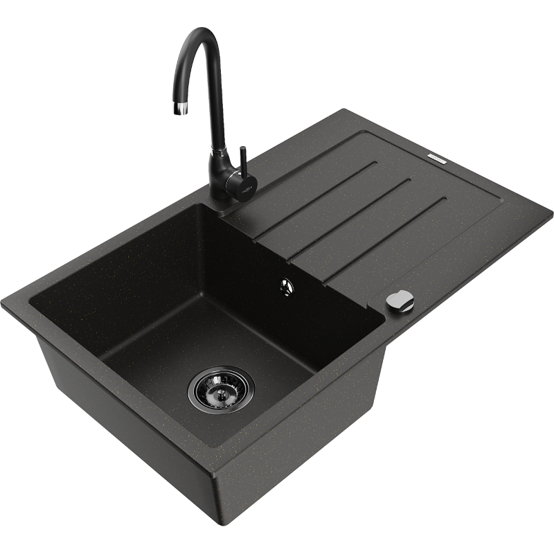 Mexen Bruno fregadero de granito de 1 seno con escurridor y grifo de cocina Telma, negro/dorado - 6513-75-670200-70-B