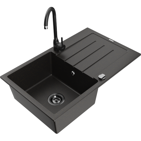 Mexen Bruno 1-Bowl Granite Sink with Drainer and Telma Kitchen Tap, Black/Gold - 6513-75-670200-70-B