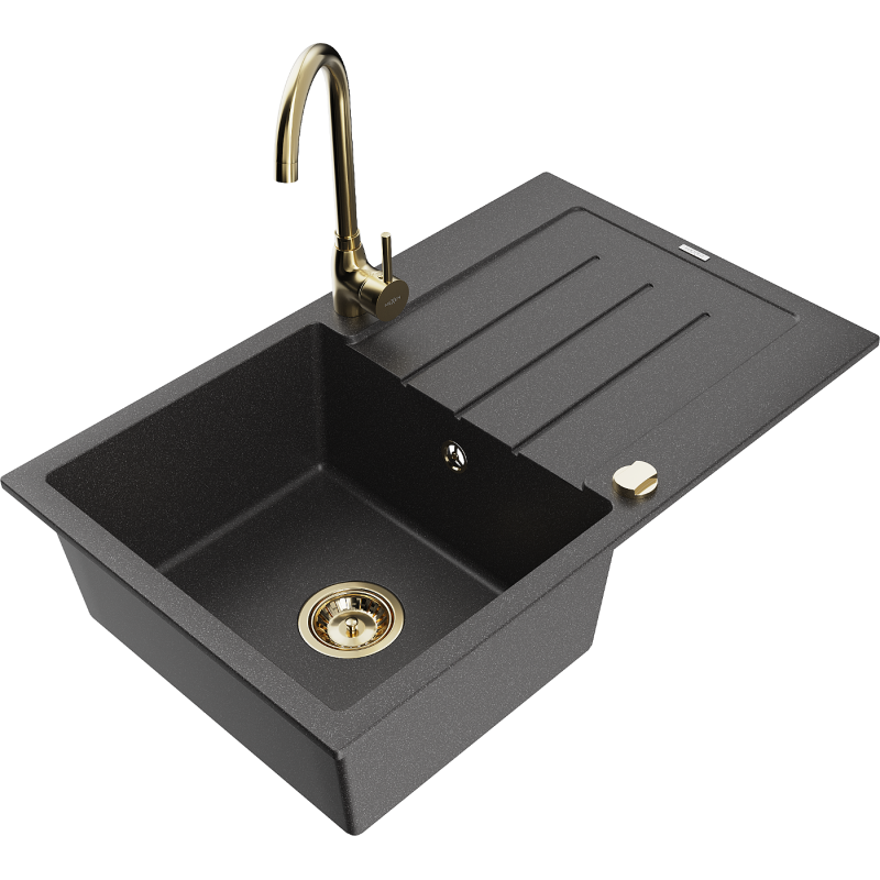 Mexen Bruno fregadero de granito de 1 cubeta con escurridor y grifo de cocina Telma, negro moteado - 6513-76-670200-50