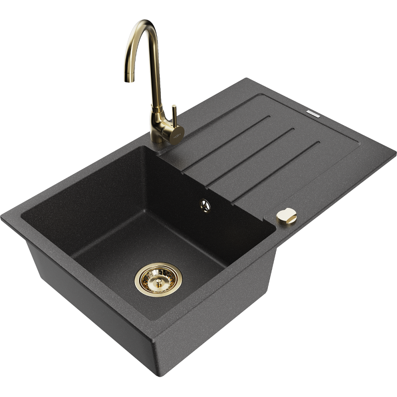 Mexen Bruno lava-louça em granito de 1 tomada com escorredor e torneira de cozinha Telma, preto salpicado - 6513-76-670200-50