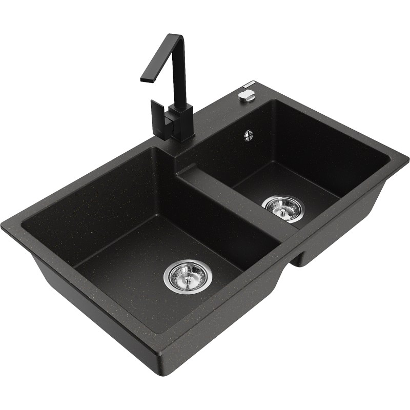 Mexen Tomas fregadero de granito de 2 senos con grifo de cocina Rita, negro/oro metálico - 6516-75-670300-70