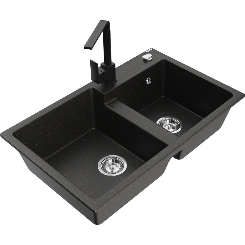 Mexen Tomas Granit-Spüle 2-Kammer mit Küchenarmatur Rita, schwarz/gold metallic - 6516-75-670300-70
