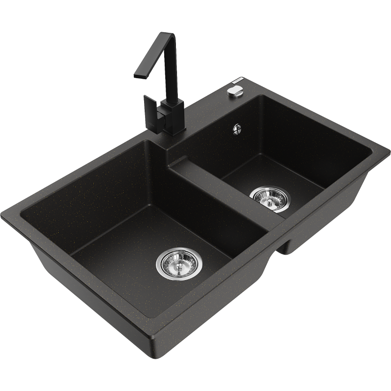 Mexen Tomas lavello in granito a 2 vasche con miscelatore da cucina Rita, nero/oro metallizzato - 6516-75-670300-70