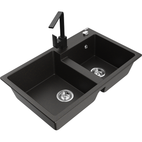 Mexen Tomas 2-bowl granite sink with Rita kitchen tap, black/golden metallic - 6516-75-670300-70