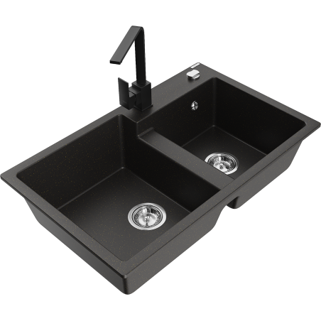 Mexen Tomas fregadero de granito de 2 senos con grifo de cocina Rita, negro/oro metálico - 6516-75-670300-70