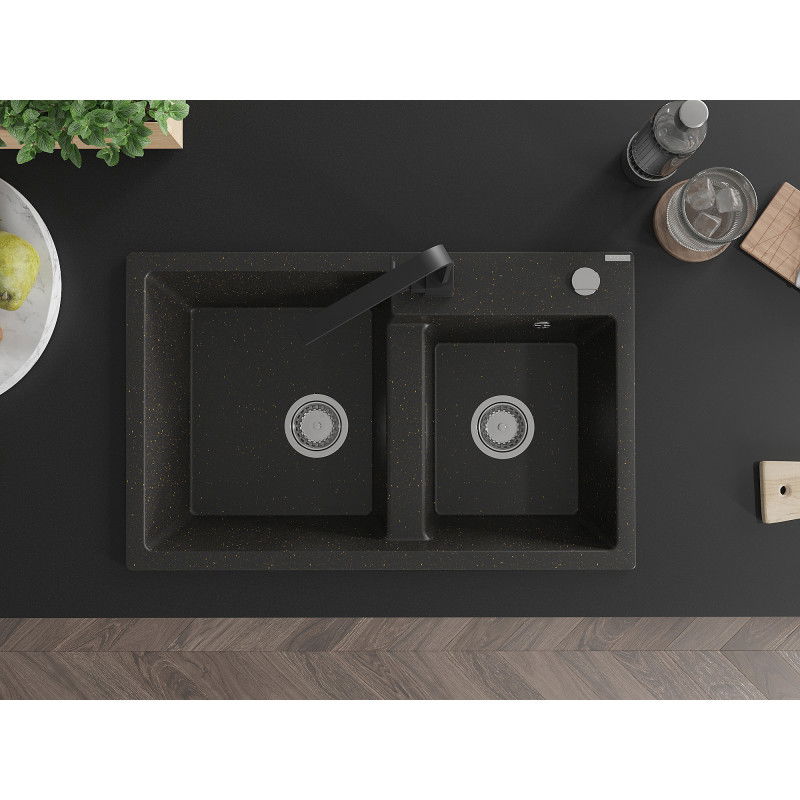 Mexen Tomas 2-bowl granite sink with Rita kitchen tap, black/golden metallic - 6516-75-670300-70
