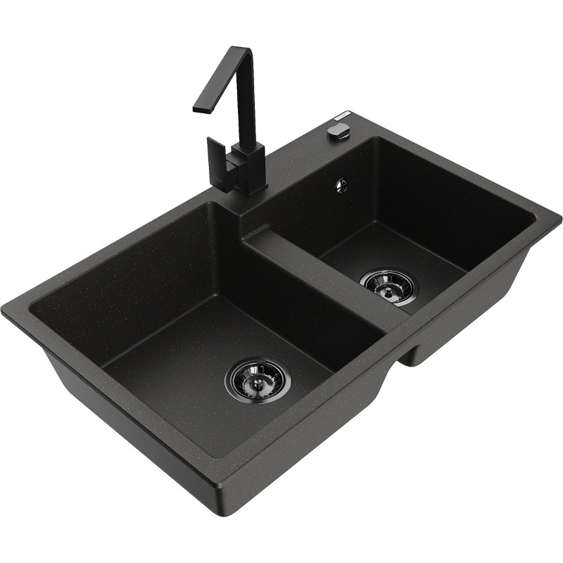 Mexen Tomas granit gootsteen 2-kamer met keukenkraan Rita, zwart/goud metallic - 6516-75-670300-70-B