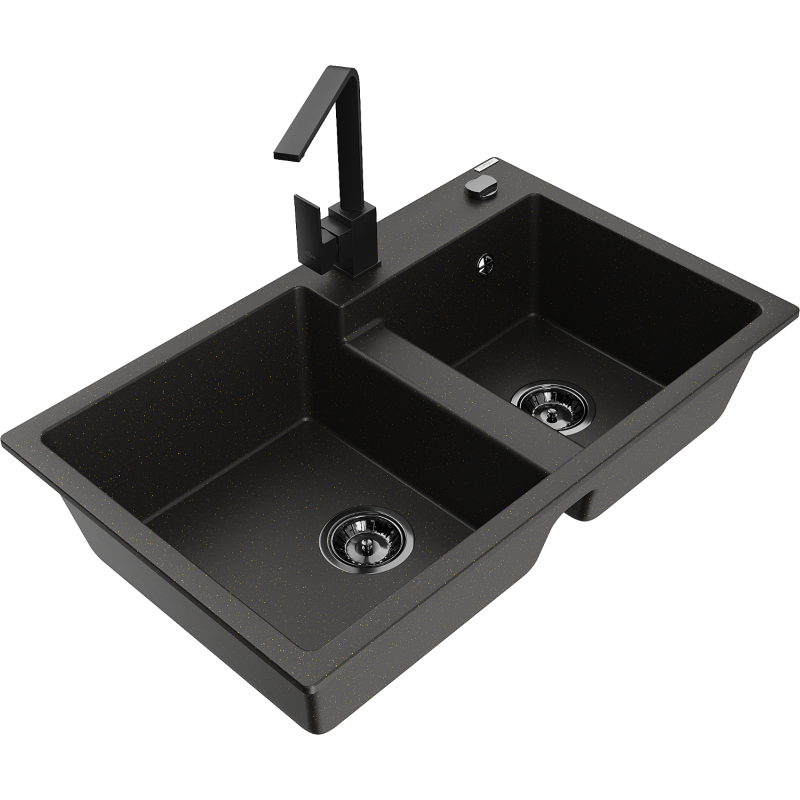 Mexen Tomas granite sink 2-bowl with kitchen tap Rita, black/gold metallic - 6516-75-670300-70-B