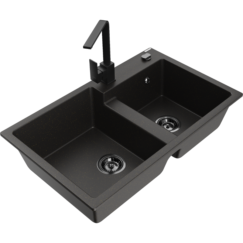 Mexen Tomas Granitzespuelschwamm mat 2-Kummer mat Kichenduch Rita, schwaarz/goldech Metalik - 6516-75-670300-70-B