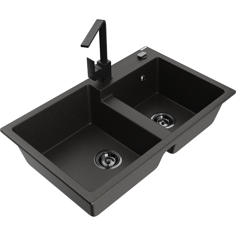 Mexen Tomas lavello in granito a 2 vasche con rubinetto da cucina Rita, nero/oro metallizzato - 6516-75-670300-70-B