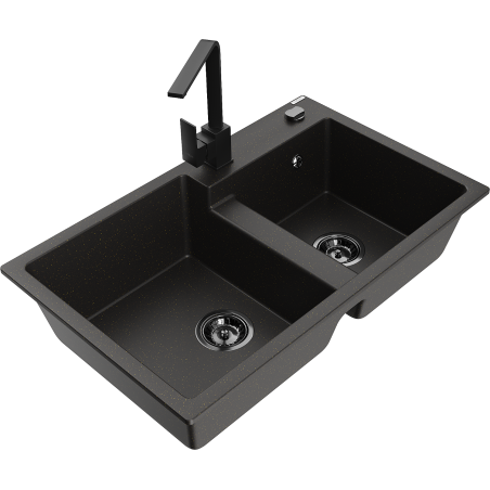 Mexen Tomas granit gootsteen 2-kamer met keukenkraan Rita, zwart/goud metallic - 6516-75-670300-70-B