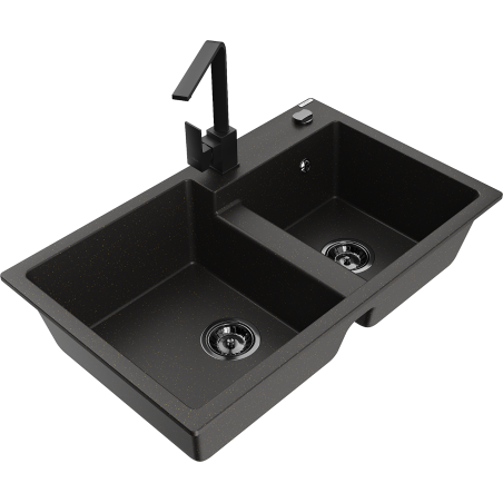 Mexen Tomas granite sink 2-bowl with kitchen tap Rita, black/gold metallic - 6516-75-670300-70-B