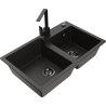 Mexen Tomas granite sink 2-bowl with kitchen tap Rita, black/gold metallic - 6516-75-670300-70-B