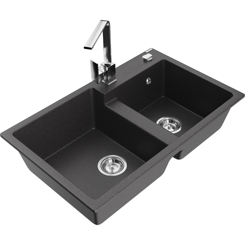Mexen Tomas Granite Double-Bowl Sink with Rita Kitchen Tap, Speckled Black - 6516-76-670300-00