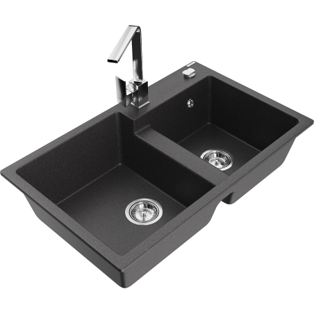 Mexen Tomas Granite Double-Bowl Sink with Rita Kitchen Tap, Speckled Black - 6516-76-670300-00
