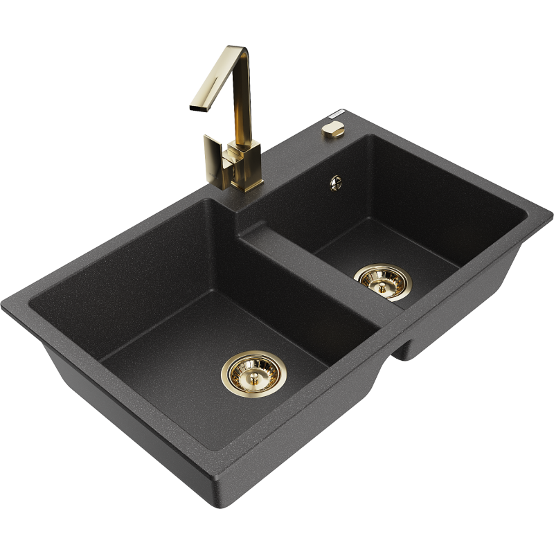 Mexen Tomas 2-Bowl Granite Sink with Rita Kitchen Tap, Speckled Black - 6516-76-670300-50