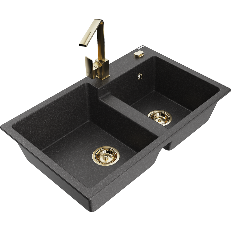 Mexen Tomas lava-loiça de granito de 2 cubas com torneira de cozinha Rita, preto salpicado - 6516-76-670300-50