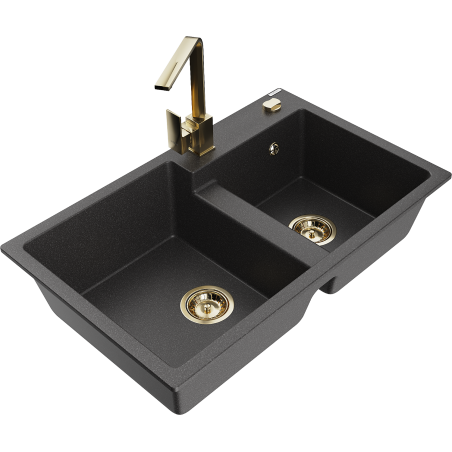 Mexen Tomas 2-Bowl Granite Sink with Rita Kitchen Tap, Speckled Black - 6516-76-670300-50