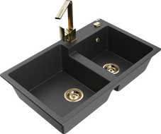 Mexen Tomas fregadero de granito de 2 cubetas con grifo de cocina Rita, negro salpicado - 6516-76-670300-50