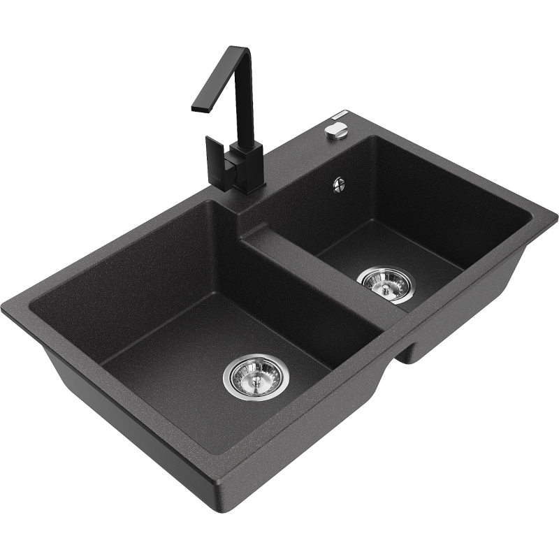 Mexen Tomas fregadero de granito de 2 cubetas con grifo de cocina Rita, negro moteado - 6516-76-670300-70
