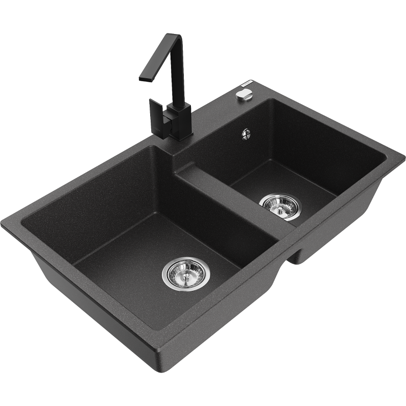 Mexen Tomas granite 2-bowl sink with Rita kitchen tap, speckled black - 6516-76-670300-70