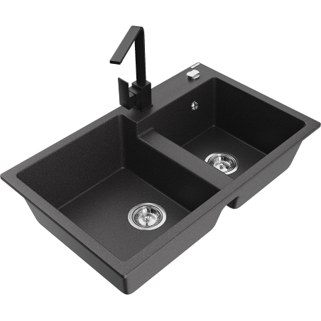 Mexen Tomas fregadero de granito de 2 cubetas con grifo de cocina Rita, negro moteado - 6516-76-670300-70