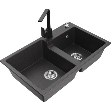 Mexen Tomas granite 2-bowl sink with Rita kitchen tap, speckled black - 6516-76-670300-70