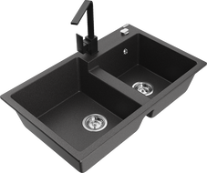 Mexen Tomas fregadero de granito de 2 cubetas con grifo de cocina Rita, negro moteado - 6516-76-670300-70