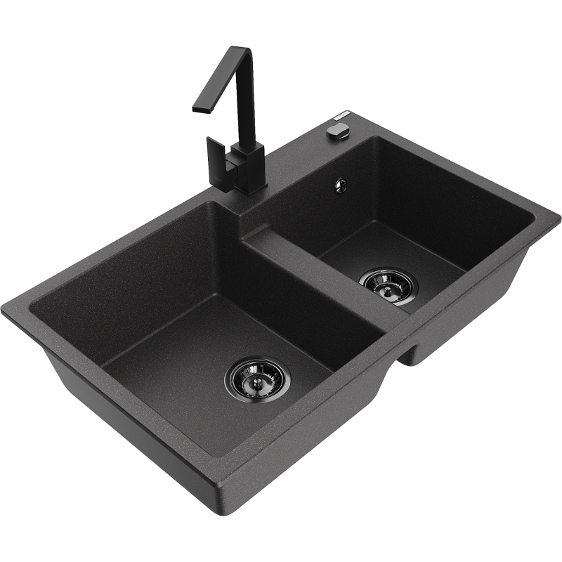 Mexen Tomas fregadero de granito de 2 compartimentos con grifo de cocina Rita, negro moteado - 6516-76-670300-70-B