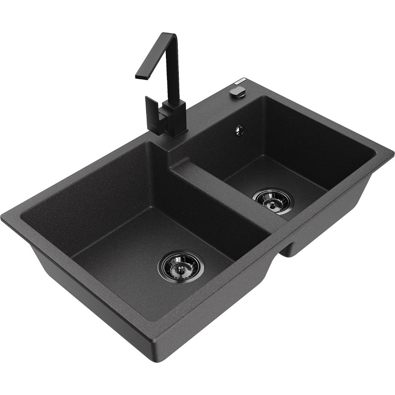 Mexen Tomas granit gootsteen met 2 kamers en keukenmengkraan Rita, zwart gespikkeld - 6516-76-670300-70-B