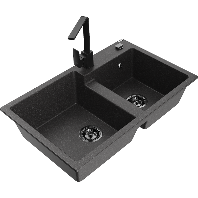 Mexen Tomas granite sink 2-bowl with Rita kitchen tap, speckled black - 6516-76-670300-70-B