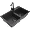 Mexen Tomas granite sink 2-bowl with Rita kitchen tap, speckled black - 6516-76-670300-70-B